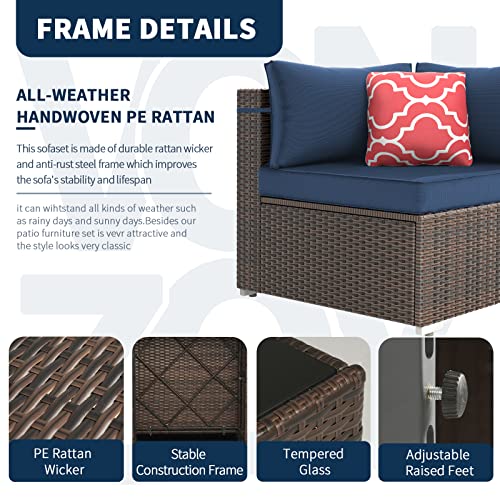 Vonzoy Outdoor Patio Furniture Set 7 Pieces Sectional Rattan Sofa Set, Pe Rattan Wicker Patio Conversation Set With 6 Seat Cushions And 1 Tempered Glass Table And Furniture Cover, Navy Blue #TOP3