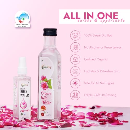 Image of Nutriorg Organic Rose Water | 100% Pure Gulab Jal for Face, Skin & Hair | Skin Toner, Makeup Remover, & Hydration | Alcohol & Paraben-Free | For All Skin Types | 250ml X 2