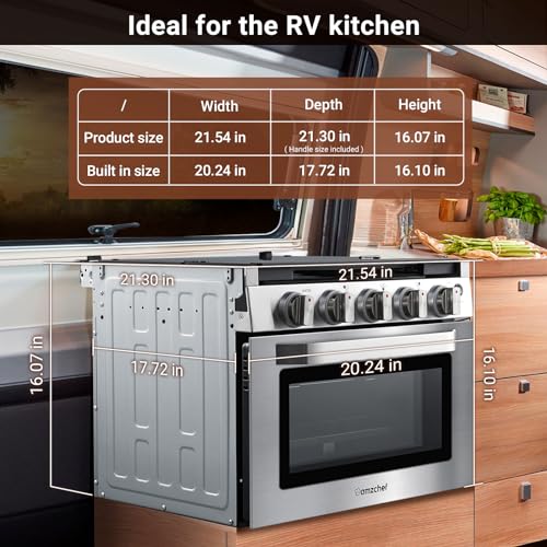 AMZCHEF RV Gas Range 17 Inches Tall, 1.24 Cu.Ft Propane Range Oven with 3 Burners Stove for RV, Apartment, Mobile Home, Stainless Steel.