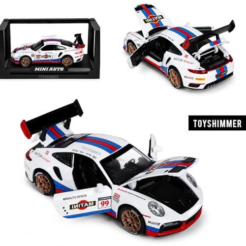 Image of 1:32 Scale Porshi Martini Die Cast Car for Kids & Collectors | Metal Body Sports Racing Toy Car with Openable Doors, Pull Back Action, Light & Sound -White