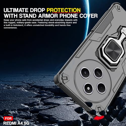 Image of AESTMO Armor Back Cover for Redmi A4 / 14C / Poco C75 / M7 5G | Ring Holder & Kickstand & Camera Protection in-Built | 360 Degree Protection Back Case Cover (Black)