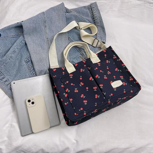 Image of Cherry Tote Bag for Women Canvas Patched Purse Cute Shoulder Bag Multi-Pocket Satchel Handbag for work travel