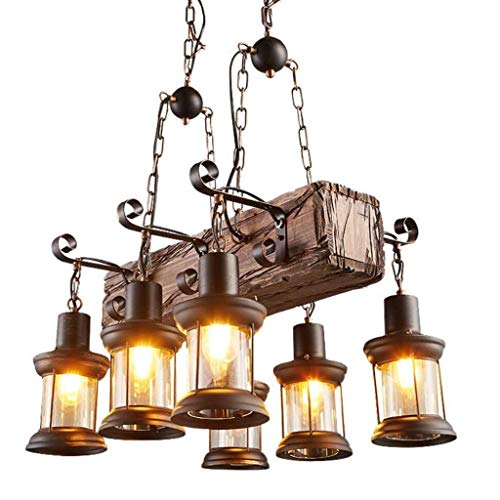 Lustre suspension vintage en bois et métal finition industrielle de caractère
