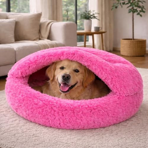 ZEXSAZONE Medium Warm Plush Pet Cave Bed for Dogs & Cats | Hooded Cozy Winter Sleeping Bed | Soft Donut Design (Pink, Medium)