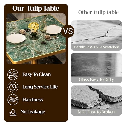 Image of 63 inch Square Dining Table, Tulip Table with 1.2 inch Thick Sintered Stone Tabletop and Golden Metal Pedestal Base, Small Square Dining Tables for Diner,Bar,Restaurant,kitchen,Bakery,Apartment (Verde Alpi)