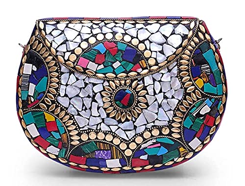 SHAKUNTLA VINTAGEShakuntala Vintage Clutch - Metal Mosaic Stone & Shell Design Purse - Handmade Women's Handbag