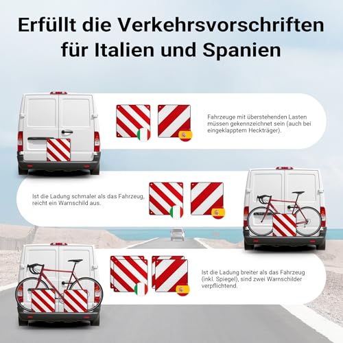 Wiltec 2in1 rot weiße Warntafel Spanien und Italien 50 x 50 cm, Fahrradträger Schild aus Aluminium, Warnschild für Heckträger reflektierend