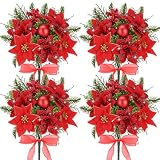 Poinsettia Flowers Artificial Christmas Flowers Artificial, 4 Pack Poinsettia Christmas Decorations with Berry Xmas Bush, Velvet Red Artificial Poinsettia for Outdoors Indoors Home Christmas Decor