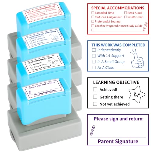 4PCS Teacher Stamps for Classroom Self-inking Accommodations Stamp Set Completed Grading Learning Sign Return Rubber Behavior Teacher Stamps for Back to School Homework Student Dormitory Supplies Gift
