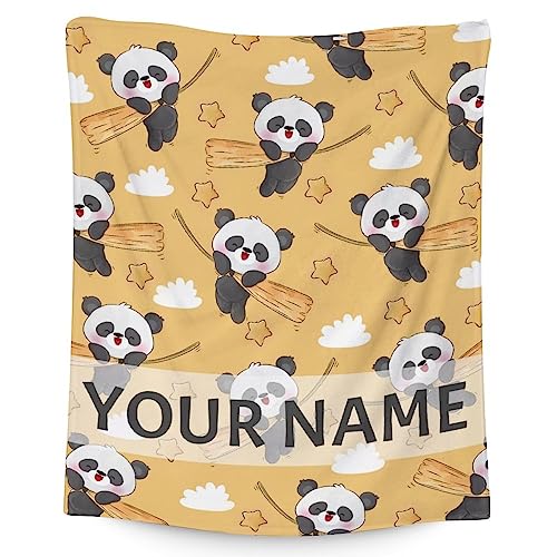 Personalized Panda Blanket Gifts with Name - 30"x40" Cute Throw Blanket for Kids, Adults - Yellow Soft Fuzzy Blankets for Couch & Office