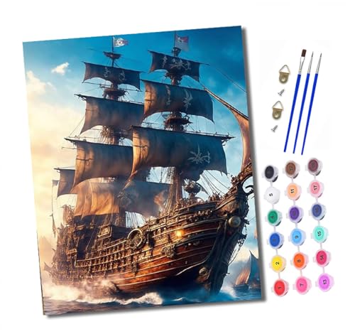XXHXIE Pintura por Números Moderna DIY Kit de Pintar con Números sin Marco 40x50cm Antiguos barcos de vela en el mar Pintura al óleo de Lienzo con Pinceles y Pigmento Acrílico para Adultos