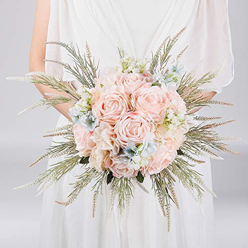 LESING Bridal Wedding Bouquets Artificial Rose Handmade Romantic for Bride Bridesmaid Holding Flowers, 11.8'' (Rose Bouquet-Pink)