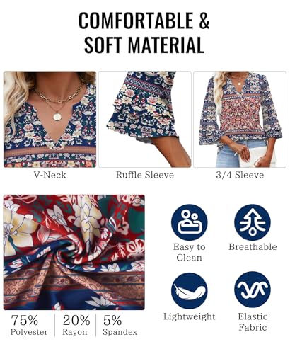 IEEILULU 3/4 Length Sleeve Womens Tops V Neck Tunics Ruffle Sleeve Tops Blouses for Women Dressy Casual (US, Alpha, XX-Large, Regular, Regular, Blue) — view 5