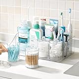 Vtopmart 5 PCS Bathroom Countertop Organizer, 1 Divided Tray with 4 Qtip Holder Jars, Restroom Clear Organizers for Toothbrush, Cotton Pads Balls, Floss, Bathroom Vanity Accessories Storage Set