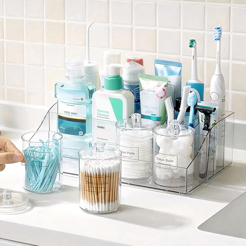 Vtopmart 5 PCS Bathroom Countertop Organizer, 1 Divided Tray with 4 Qtip Holder Jars, Restroom Clear Organizers for Toothbrush, Cotton Pads Balls, Floss, Bathroom Vanity Accessories Storage Set