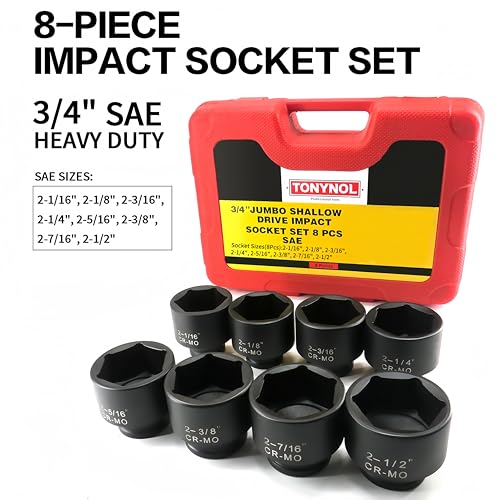 Image of TONYNOL 3 /4 Inch Drive Impact Jumbo Socket Set,6-Point,SAE(2-1 /16 inch to 2-1 /2 inch),8 Pcs,Cr-MO Steel,With a Storage Case