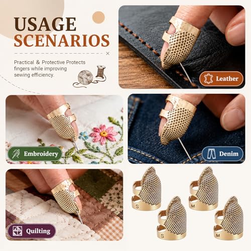Image of Thimbles for Hand Sewing, Sewing Thimble Kit, Metal Finger Protectors, Thimble Ring for Hand Quilting and Embroidery(Gold,4Pcs,Small /Medium)