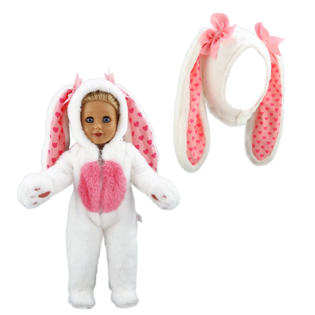 Playtime by Eimmie 18 Inch Doll Clothes - Bunny Onesie & Matching Easter Ear Set - Outfits Fit American, Generation & Similar 18” Girls Dolls - Clothing Sets, Outfit Pack & Stuff for My Doll