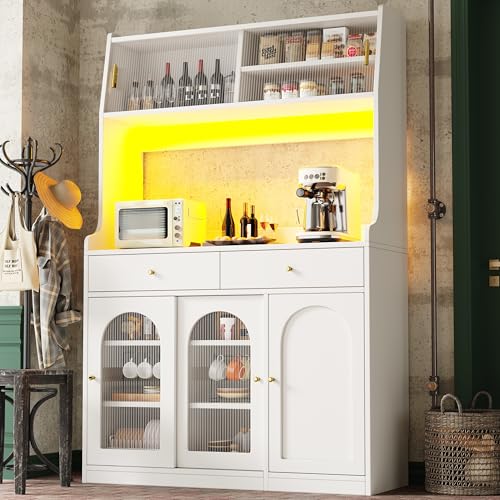 Lumivortex Armario de cocina con puertas correderas de cristal, armario alto para cocina 120 x 40 x 180 cm, armario de cocina alto con iluminación LED, armario buffet con protección antivuelco (blanco