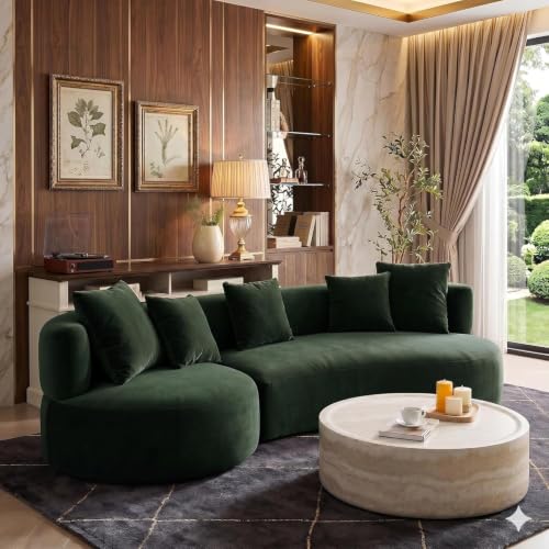 Image of Modern Curved White Sofa Couch with Plush Pillows - 4 Seater Upholstered Living Room Sofa | Contemporary Minimalist Design for Home, Office & Lounge. (Green L1)