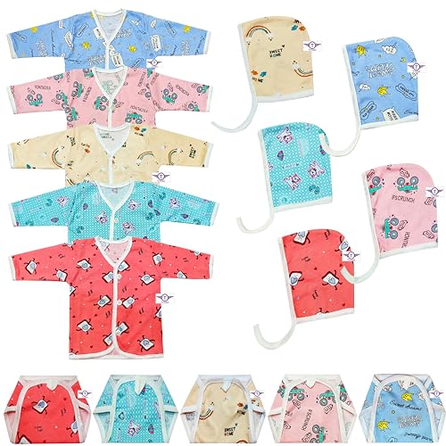 Triviso new born baby soft hosiery cotton clothing set born baby top jhabla nappy cap combo set pack of 5 pair 15 pic 0-6 months