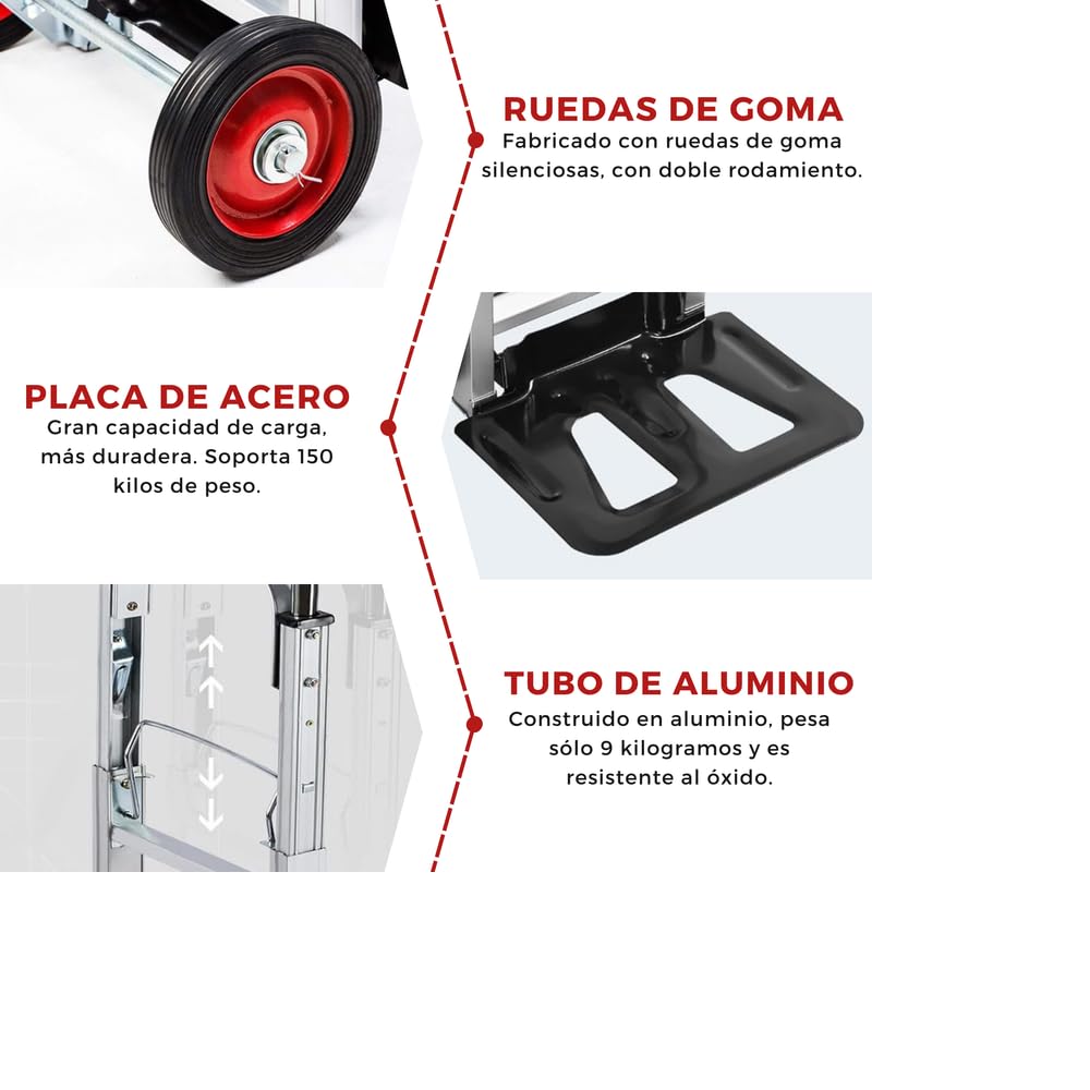 Carretilla de Mano de Aluminio 2 en 1, Carrito Plegable con 4 Ruedas, Convertible en Plataforma o Carro de Mano, Capacidad de 150 kg, Carro para Transporte en Almacen, Jardín, Hogar, Mudanzas