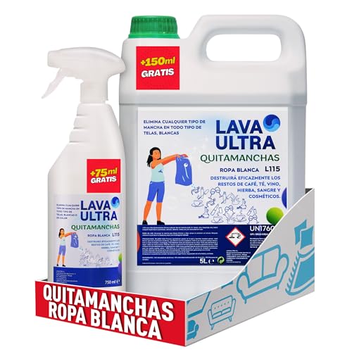 LavaUltra Quitamanchas para Ropa Blanca 5L+Spray 750 ml, Quitamanchas Telas Blancas, Elimina Todo Tipo de Manchas : Vino, Chocolate, Tomate, Grasa, Aceite, Sangre, Maquillaje y más