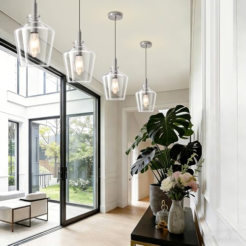 Image of Glass Pendant Lighting for Kitchen Island Foyer 2 Pack Nickel Clear 8 Inch | Adjustable cord Dimmable, E26 bulbs, Rust-resistant Damp Rated For Bathrooms, 5-Year Manufacturer Warranty, UL Certification