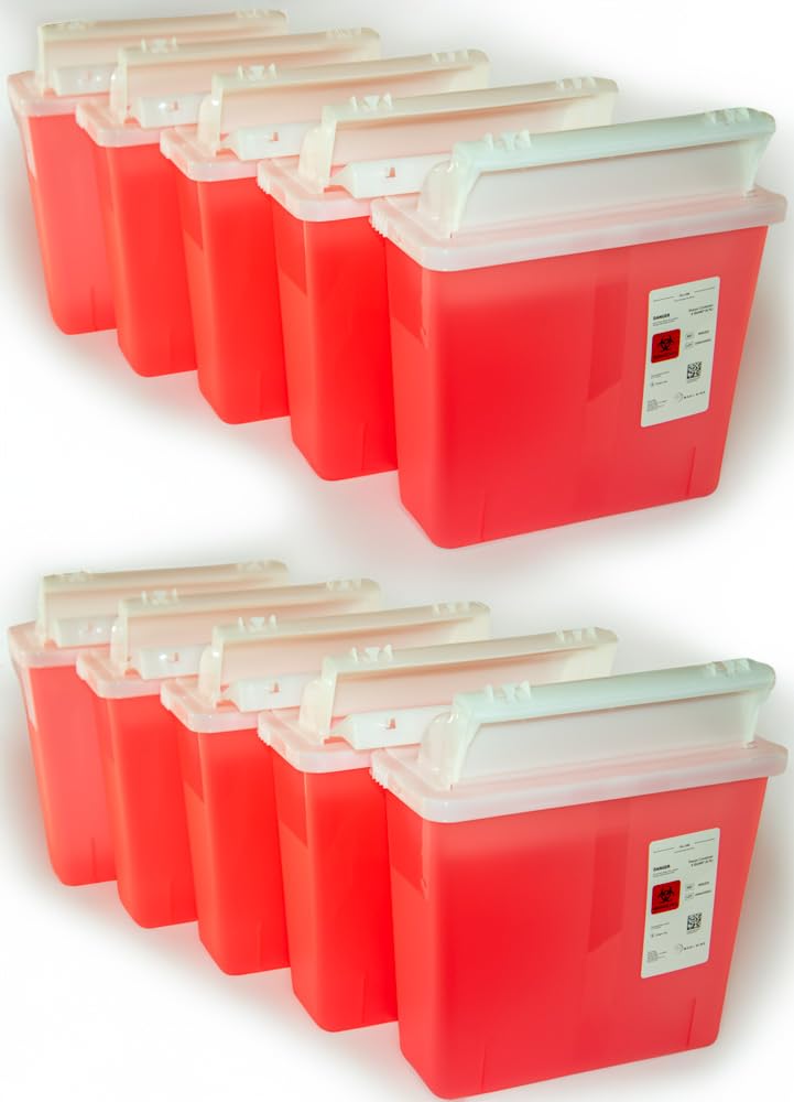 5 Qt Sharps Disposal Containers for Medical Waste Disposal (Box of 10) - Meets OSHA Standards - Translucent & Heavy-Duty Plastic - Biohazard Containers for Needles