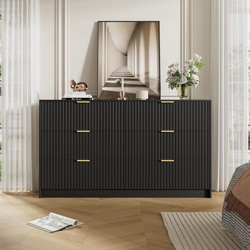 Image of Furniway Black Dresser for Bedroom, Modern Dresser with 6 Drawers and Smooth Slides, Wide Chest of Drawers with Golden Handles for Bedroom, Living Room, Closet, 15.7 inch D x 55.1 inch W x 31.4 inch H
