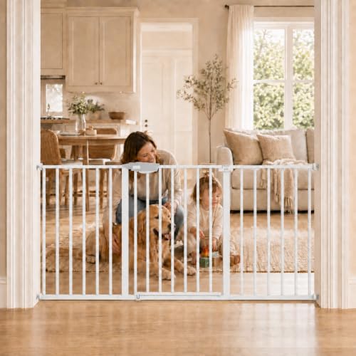 Image of WAOWAO Triple Lock Baby Gate Extra Wide 57.87-62.59 inch Pressure Mounted Walk Through Swing Auto Close Safety White Metal Dog Pet Puppy Cat for Stairs,Doorways,Kitchen