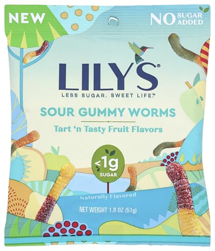 LILY'S Sin azúcar añadida Gummy Worms Tart 'n Tasty Fruit Flavors Peg Bag 1.8 onzas