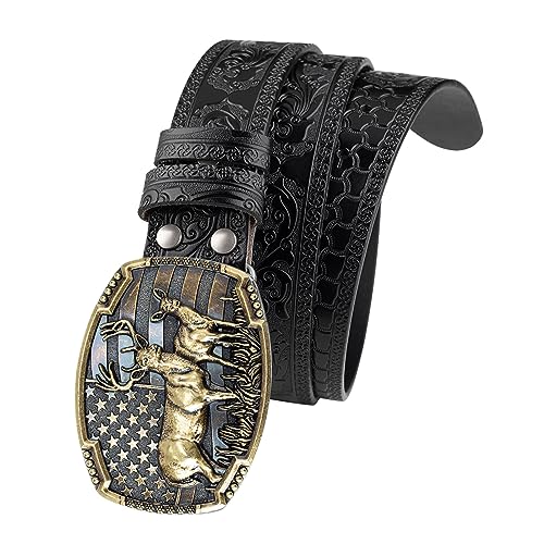 Western Belts for Men Cowboy Leather Belt Bronze Animal Deer Embossed Pattern Buckle Vintage Belt,Black,100CM/39.4''2