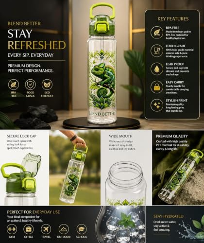 Image of Blend Better Chameleon Printed Water Bottle 1 Litre with Straw & Gulp Drinking
