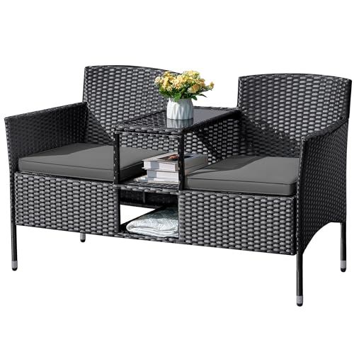 Flamaker Outdoor Furniture Patio Loveseat Wicker 2-Seat with Built-in Table and Cushions Rattan Porch Chairs Bench for Balcony, Lawn, Backyard (Grey)