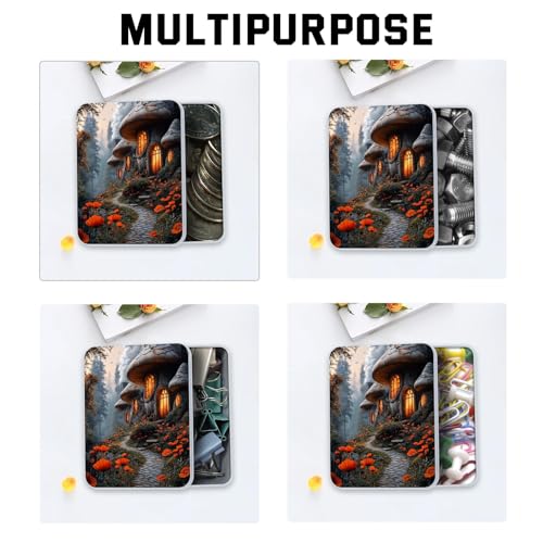 Image of Metal Tin Box with Lid,Multi-functional Storage Large Box Can Store Tea Biscuits Game Cards, Playing & Tarot Cards-Comes with 4 Magnetic Cord Clips,Mushroom Houses in Forest