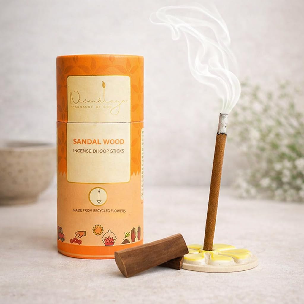 Nirmalaya 100% Natural Mysore Sandalwood Dhoop Sticks for Pooja 40 Sticks | Bamboo Less Dhoop Sticks for Home/Office | Dhup for Puja with Holder Stand | Best for Long Lasting Fragrances