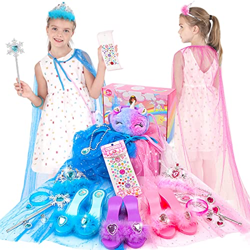 Fedio Princess Dress Up Shoes set Little Girls Role Play Shoes Pretend Princess Gift set Toy set with 3 Pairs of Play Shoes, 2 Princess Cape,2 Crown Tiaras, Unicorn Purse and Princess Accessories Jewelries for Girls Aged 3,4,5,6 Birthday Christmas