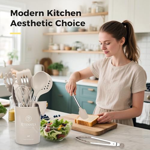 Hvygss 28 Pcs Silicone Cooking Utensils Set with Stainless Steel Handle, 446℉ Heat-Resistant Kitchen Utensils Set with Holder, Dishwasher Washable Silicone Spatula for Non-stick Cookware (Khaki)