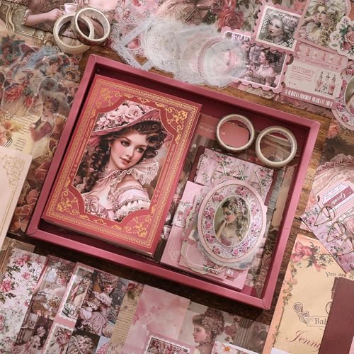 Image of VIBE VISTA Vintage Aesthetic Scrapbook Kit, 346 Pcs, A6 Grid Notebook, Washi, Envelopes, Scrapbook Papers, Folding Labels, Background Papers, Photo Frames, Calendar Stickers, Stickers (Vitorian Pink)