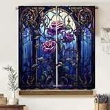Vintage Stained Glass Curtains, Baroque Exotic Medieval Rose Floral Abstract Fractal Geometric Drapes, Thermal Insulation Blackout Rod Pocket Window Treatments for Living Room Bedroom Bathroom 42x45in
