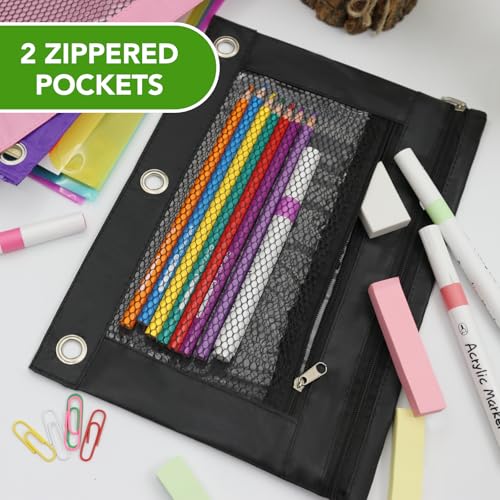 Image of Pencil Pouch for 3 Ring Binder, Heavy Duty Canvas Dual Zipper Pen Bag with Clear Window, Smooth Metal Zipper, Fit Standard 3-Ring Binders for School Office Travel Supplies (Black)