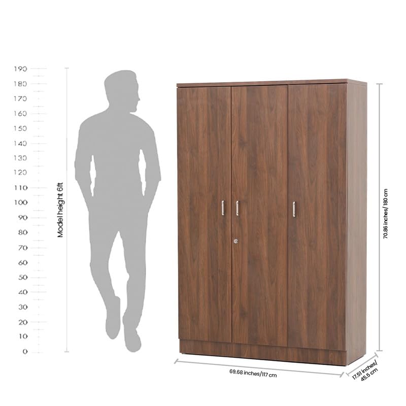 Image of Royaloak Baleno 3 Door Wardrobe, Engineered Wood Almirah with Melamine Finish, Clothes Storage Cabinet with Hanging Rod, Modern Bedroom Cupboard, W 69.68 X D 17.51 X H 70.86 Inches