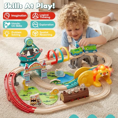 Image of Lehoo Castle Wooden Train Set with Battery-Powered Dinosaur Train