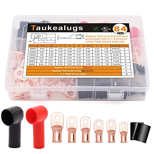 84PCS Battery Terminal Connectors Boots Cover,AWG8-2 3/8 5/16inch Crimp Copper Wire Ring lugs Cable Ends with Adhesive Lined 3:1 Heat Shrink Tube Assortment Kit