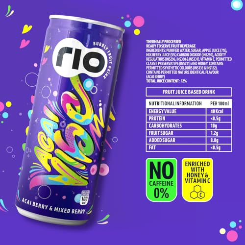 Image of Rio Acai Berry Vibe Bubbly Fruit Drink Can | Soft Drink | Exotic Fruit Juice + Fizz | Rich in Vitamin C and Honey | Pack of 24 | 250 ml