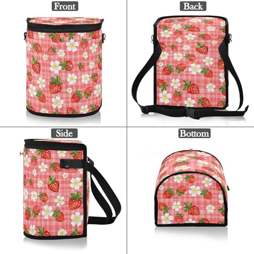 Image of Strawberry Florals Checkered Plaid Car Trash Can Car Garbage Bag with Lid Hanging Waterproof Leak Proof Vehicle Storage Bin