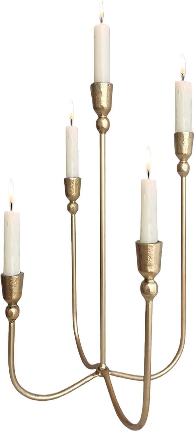 2PCS 5-Candle Cast Iron Gold Pearl Metal Candelabra Candlestick Holders 15 inch Tabletop for Wedding, Event, Christmas & Dinner Candle Stand Brass Gold
