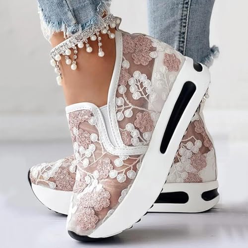 Womens Platform Wedge Sneakers Fashion Mesh Floral Embroidery Breathable Slip on Air Comfort Chunky Arch Support Walking Shoes4