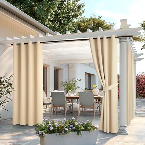 MIULEE Cortinas de Exterior Impermeable, Cortinas Terraza Exterior con Ojales, Adecuada para Balcones, Pérgolas, 2 Piezas, 132x245cm, Beige
